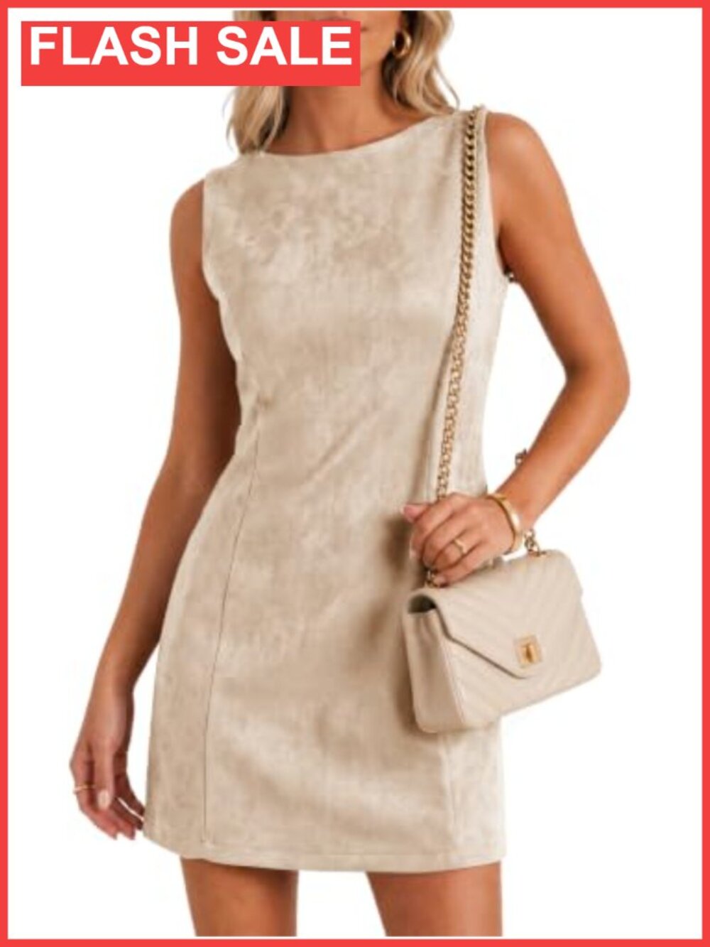 Faux Suede Mini Dress Sleeveless A-Line V-Back Zipper Party Casual